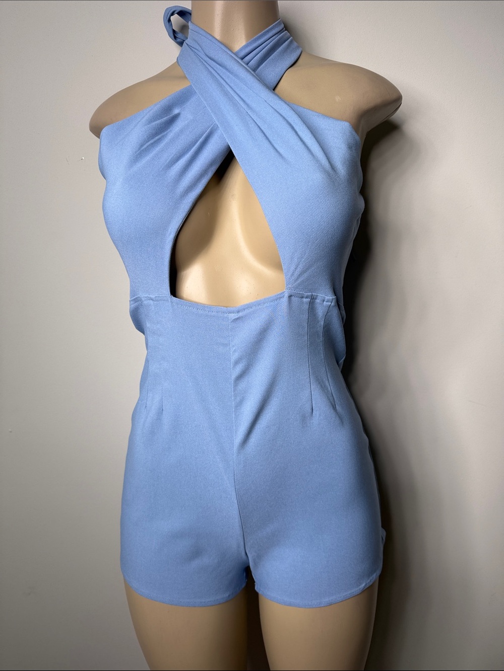 AKIRA Light Blue Halter Cutout Romper